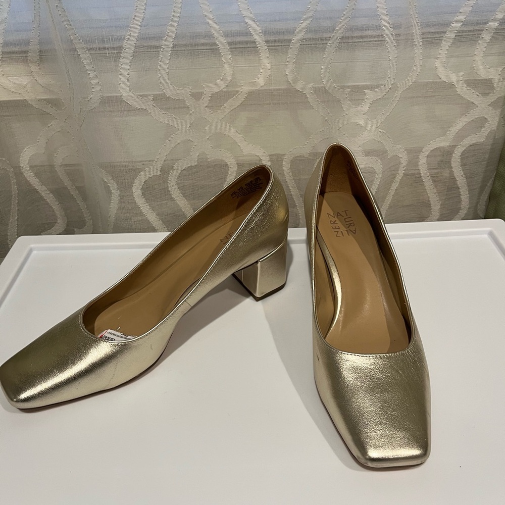 Naturalizer Pale Gold Metallic Block Heels - Comfy Square Toe